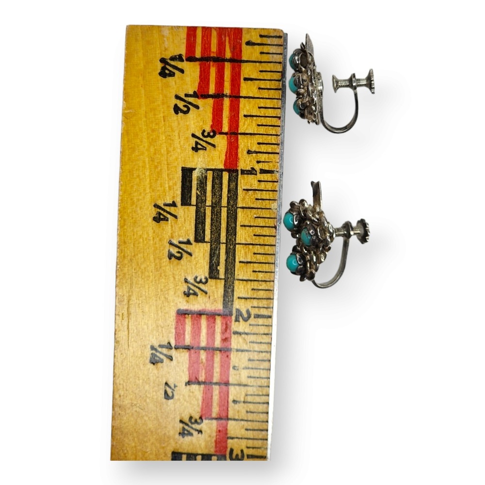 Vintage Screwback Earrings Sterling Silver 925 OS Turquoise Flower Leaf Blue - Picture 6 of 6